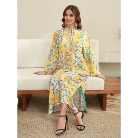 Elegant Floral Print Abaya with Golden Accents - Long Sleeve, Mid-Length, Loose Fit, Slit Hem, Embroidered Detail, Perfect for Saudi National Day, All-Season Wear, Cultural Attire|Floral Print Abaya|Embroidered Detailing, Abaya Dress