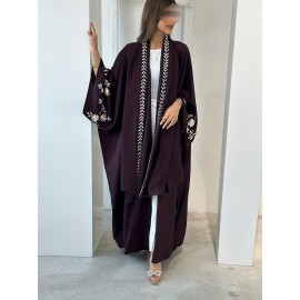 1pc Middle Eastern-Inspired Embroidered Scarf-Style Abaya Cardigan for Women - Solid Color Long Sleeve Loose Fit Breathable All-Season Versatile Muslim Bayan Elbiseleri
