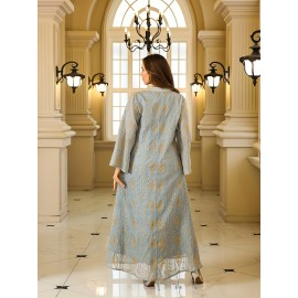 Luxury Muslim Women's Abaya Toga Dress with Golden Embroidery - Middle Eastern Style Long Sleeve Polyester Gown for Weddings & Formal Events, Loose Fit, Geometric Pattern, Hand Wash or Dry Clean, Muslim Clothes