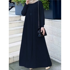 1pc Elegant holiday fashion versatile loose pleated rear zipper solid color suitable for daily wear comfortable casual loose comfortable Women's abaya dress.abayas for women muslim long sleeve dresses for women long frocks for women