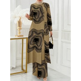 [Ramadan Top Set] Ramadan Solid Color Long Sleeve Top and Pants Set | Arabic Style, Polyester, with Faux Button Detail, for All Seasons, Women's