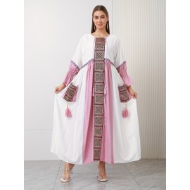 New Design Directional Palace Style Heavy Embroidery Pink Tassel Pendant Ruffle Elastic Three-Quarter Sleeve Double-Pocket Gown for Saudi National Day