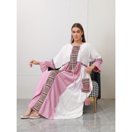 New Design Directional Palace Style Heavy Embroidery Pink Tassel Pendant Ruffle Elastic Three-Quarter Sleeve Double-Pocket Gown for Saudi National Day