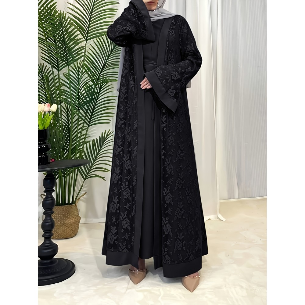 Elegant Black Lace Abaya with Contrast Lace Trim - Long Sleeve, Floor-Length, Belted, All-Season Wear, Traditional Middle Eastern Attire for Women, Cultural Attire|Elegant Abaya|Lace Trim Abaya