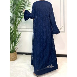 Elegant Black Lace Abaya with Contrast Lace Trim - Long Sleeve, Floor-Length, Belted, All-Season Wear, Traditional Middle Eastern Attire for Women, Cultural Attire|Elegant Abaya|Lace Trim Abaya