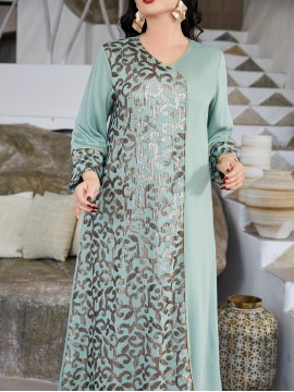 Directional Heavy Industrial Beaded Embroidery Arabic Women's Elegant Dress JALABIA V-Neck Black Creative Asymmetrical Splicing Latest Design Saudi National Day Gown