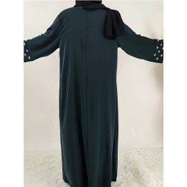 1pc Women's Islamic Abaya Dress - Elegant Hijab Outfit with Cuff Floral embroidery, Navy Blue Arabicrobe, Loose Fit Non-Stretch Muslim Dress for Daily Prayer, Office, Travel - No Scarf Needed, Modest Apparel, Quality Embroidery Detail