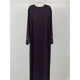 1pc Women's Islamic Abaya Dress - Elegant Hijab Outfit with Cuff Floral embroidery, Navy Blue Arabicrobe, Loose Fit Non-Stretch Muslim Dress for Daily Prayer, Office, Travel - No Scarf Needed, Modest Apparel, Quality Embroidery Detail