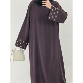 1pc Women's Islamic Abaya Dress - Elegant Hijab Outfit with Cuff Floral embroidery, Navy Blue Arabicrobe, Loose Fit Non-Stretch Muslim Dress for Daily Prayer, Office, Travel - No Scarf Needed, Modest Apparel, Quality Embroidery Detail