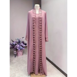 Middle Eastern Muslim Fashion Long Sleeve Embroidered Contrast Lace Patchwork Abaya Dress and Hijab Three-Piece Set