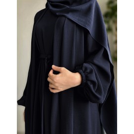 3pcs Traditional Middle Eastern Abaya Dress Set - Long Sleeve, Belted Waist, Solid Color, Non-Stretch Fabric, Spring/Summer/Fall Wear, Includes Cardigan, Dress, and Headscarf, Cultural Attire|Traditional Attire|Belted Waist Dress
