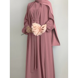 3pcs Traditional Middle Eastern Abaya Dress Set - Long Sleeve, Belted Waist, Solid Color, Non-Stretch Fabric, Spring/Summer/Fall Wear, Includes Cardigan, Dress, and Headscarf, Cultural Attire|Traditional Attire|Belted Waist Dress