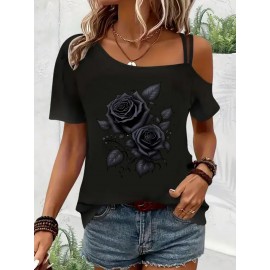 Women's Sexy Off-Shoulder Graphic Print T-Shirt - Black Rose & Butterfly Design, Thin Strap Short Sleeve Summer Top, Machine Washable Casual Chic Blouse for Women, Nontransparent Fabric
