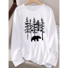 Women's Casual Long Sleeve Crew Neck T-Shirt - Forest Graphic Print with Pine Trees & Bear Silhouette, Medium Stretch Machine-Washable Top for Spring/Fall, Regular Fit Nature-Inspired Casual Attire, Allseason Apparel, Mediumelastic Fabric
