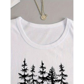 Women's Casual Long Sleeve Crew Neck T-Shirt - Forest Graphic Print with Pine Trees & Bear Silhouette, Medium Stretch Machine-Washable Top for Spring/Fall, Regular Fit Nature-Inspired Casual Attire, Allseason Apparel, Mediumelastic Fabric
