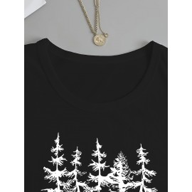 Women's Casual Long Sleeve Crew Neck T-Shirt - Forest Graphic Print with Pine Trees & Bear Silhouette, Medium Stretch Machine-Washable Top for Spring/Fall, Regular Fit Nature-Inspired Casual Attire, Allseason Apparel, Mediumelastic Fabric