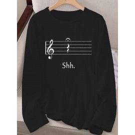 Women's Black Music Note Graphic Print Long Sleeve T-Shirt - Soft Stretch Polyester Crew Neck Casual Top with 