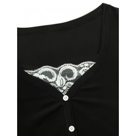 Women's Sexy V-Neck Blouse - Long Sleeve Fake Layering top with button front, All-Season Elegant Shirt for Office, Party, Everyday - Machine Washable Women's Clothing, Party Attire, Lace Detail Top