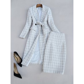 [Chic Plaid Suit] Long Sleeve Plaid Midi Suit Jacket and Skirt Set, Chic Women's Halter Dress Outfit