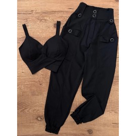 [Elegant Beige Top & Pants Set] Elegant Beige Sleeveless Top & Button-Pants Set - Chic V-Neck Ruffled Detail Shirt with High-Waisted Wide-Leg Pants, Casual or Office Wear