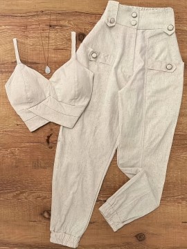 [Elegant Beige Top & Pants Set] Elegant Beige Sleeveless Top & Button-Pants Set - Chic V-Neck Ruffled Detail Shirt with High-Waisted Wide-Leg Pants, Casual or Office Wear