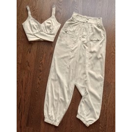 [Elegant Beige Top & Pants Set] Elegant Beige Sleeveless Top & Button-Pants Set - Chic V-Neck Ruffled Detail Shirt with High-Waisted Wide-Leg Pants, Casual or Office Wear