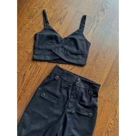 [Elegant Beige Top & Pants Set] Elegant Beige Sleeveless Top & Button-Pants Set - Chic V-Neck Ruffled Detail Shirt with High-Waisted Wide-Leg Pants, Casual or Office Wear