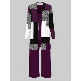 Spring and Summer Three-Piece Color-Block Print Set with Long Sleeve Jacket, Vest, and Pants for Women