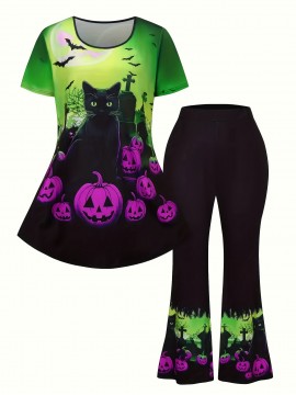 Halloween Black Cat Pumpkin Bat Print Short Sleeve T-Shirt and Long Pants Set, Elegant Style, Perfect for Halloween Celebrations, Halloween Attire|Playful Print|Polyester Fabric