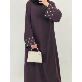 1pc Women's Islamic Abaya Dress - Elegant Hijab Outfit with Cuff Floral embroidery, Navy Blue Arabicrobe, Loose Fit Non-Stretch Muslim Dress for Daily Prayer, Office, Travel - No Scarf Needed, Modest Apparel, Quality Embroidery Detail