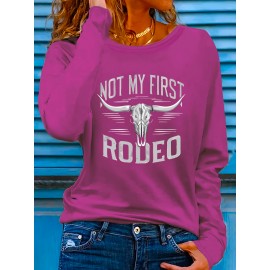 Women'S Western Bull Skull Graphic Long Sleeve T-Shirt - Stretchy Polyester Blend, Casual Crew Neck, Spring/Summer Vacation Top with 