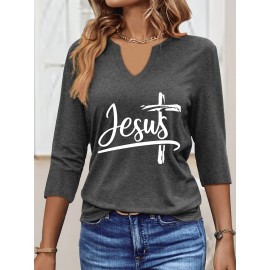[Jesus Print Casual Top] Comfortable Polyester Women's Casual V-Neck 3/4 Sleeve Top with 