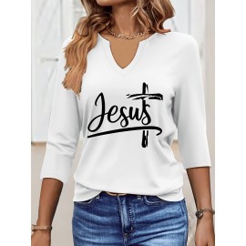 [Jesus Print Casual Top] Comfortable Polyester Women's Casual V-Neck 3/4 Sleeve Top with 