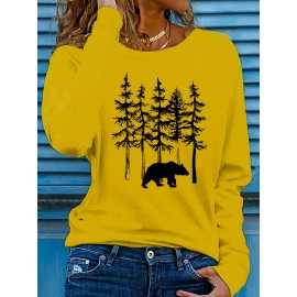 Women's Casual Long Sleeve Crew Neck T-Shirt - Forest Graphic Print with Pine Trees & Bear Silhouette, Medium Stretch Machine-Washable Top for Spring/Fall, Regular Fit Nature-Inspired Casual Attire, Allseason Apparel, Mediumelastic Fabric