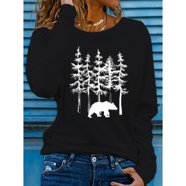 Women's Casual Long Sleeve Crew Neck T-Shirt - Forest Graphic Print with Pine Trees & Bear Silhouette, Medium Stretch Machine-Washable Top for Spring/Fall, Regular Fit Nature-Inspired Casual Attire, Allseason Apparel, Mediumelastic Fabric