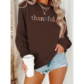 [Thankful Print Sweatshirt] Women's Casual Thankful Print Sweatshirt - 100% Polyester Knit Crew Neck Long Sleeve Top For Fall/Winter - Soft, Machine Washable, Plus Size Comfort Wear