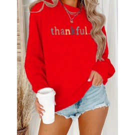 [Thankful Print Sweatshirt] Women's Casual Thankful Print Sweatshirt - 100% Polyester Knit Crew Neck Long Sleeve Top For Fall/Winter - Soft, Machine Washable, Plus Size Comfort Wear