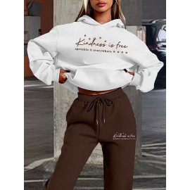 Women's Fashion Casual Letter Print Set - Premium Autumn/Winter Trendy Youthful Fleece Hoodie and Jogger Pants Two-Piece Outfit, Versatile Hooded Suit for Women, Ideal Gift Choice