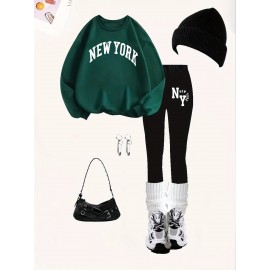 2pcs Set Women'S Casual New York Monogram Print Long Sleeve Knitted Polyester Spandex Crew Neck Sweatshirt & Sweatpants Set, Comfortable Stretch Fabric, 250g/m² 230g/m², for Fall, Winter, Outdoor Use