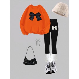 Women'S 2pcs Set, Women'S Casual Bow Print Design Crew Neck Sweatshirt and Leggings, Fall/ Winter